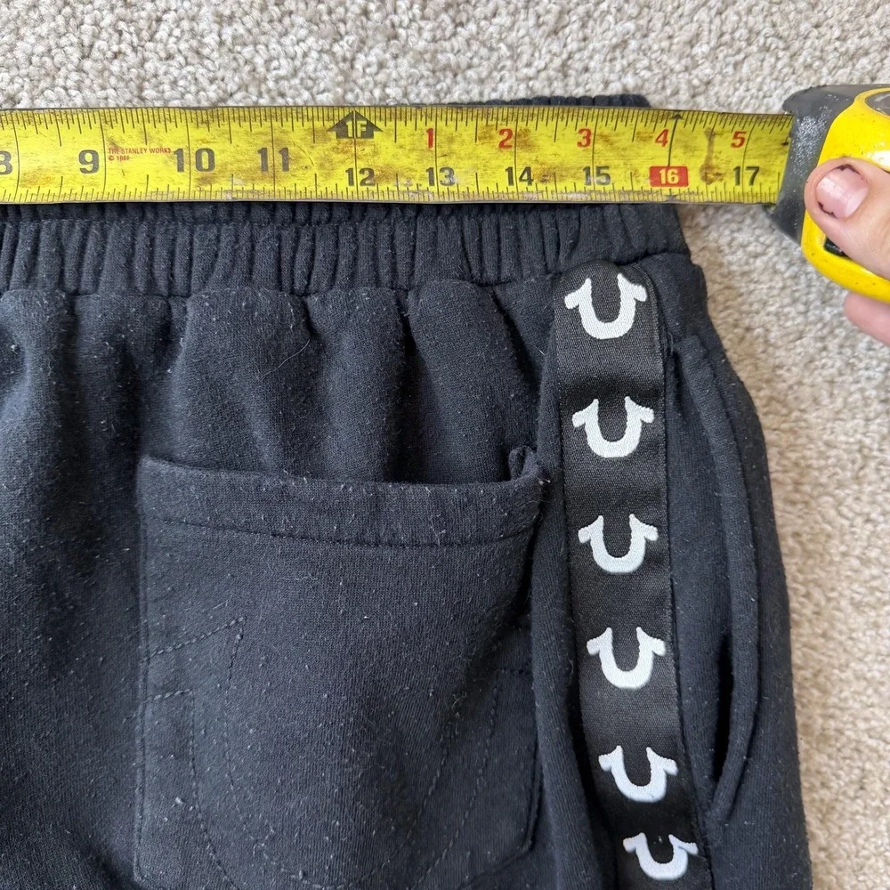 True Religion Jogger Pants Mens Med Black Fleece Elastic Waist Side Logo Stripe